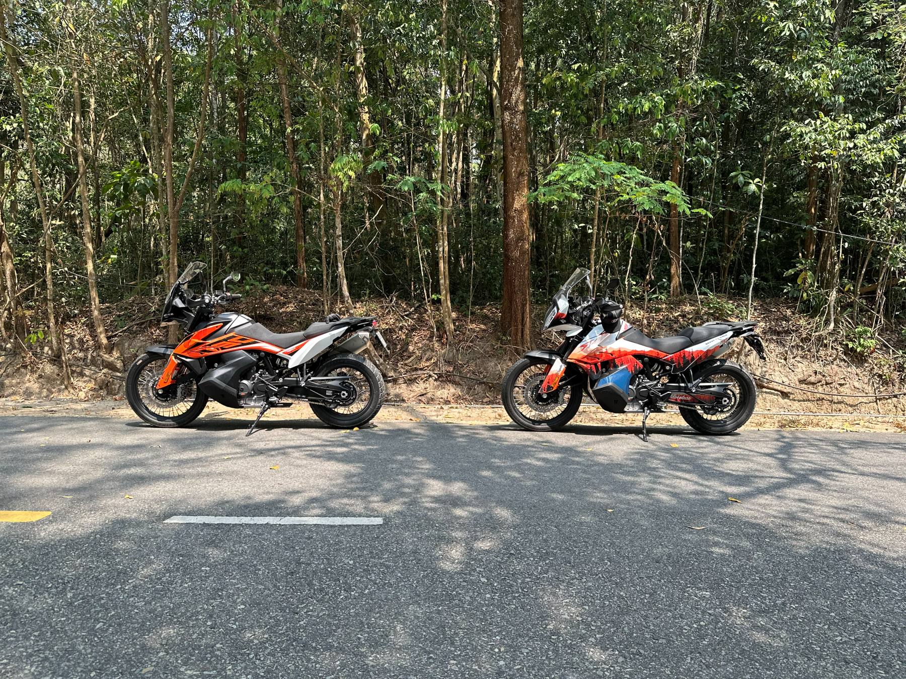 Two KTM adventure bikes parked by a forest road