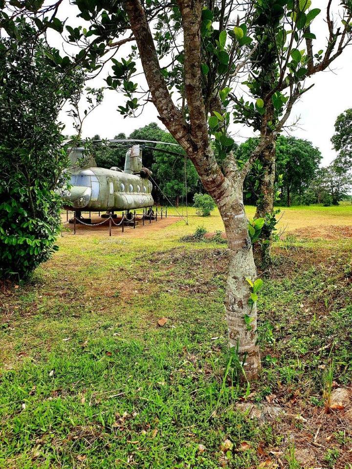 A CH-47 Chinook helicopter on display among trees at the Ta Con relic site
