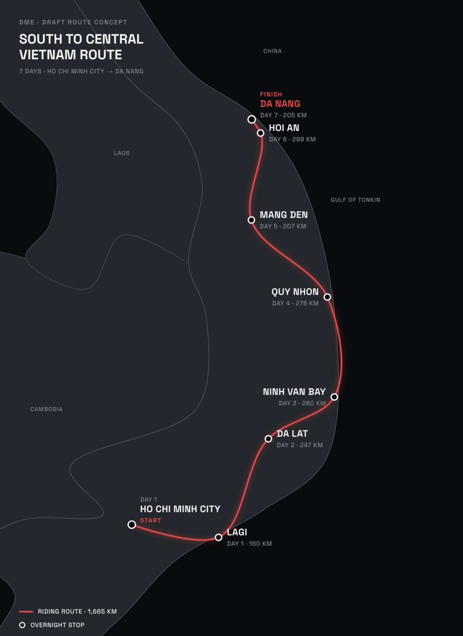 Coastal and Central Highland Adventure route map, Ho Chi Minh City to Da Nang, with overnight stops