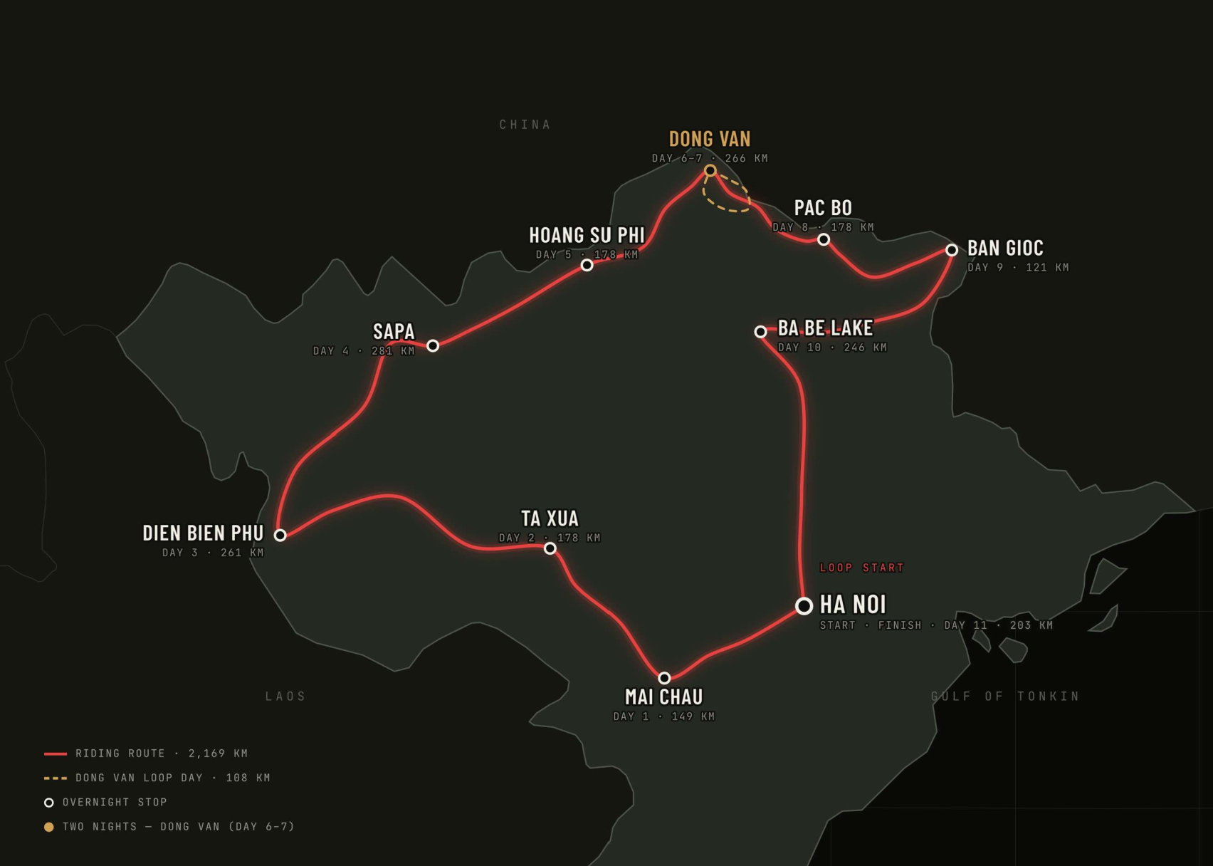 Northern Territory Loop route map, a loop from Ha Noi with overnight stops