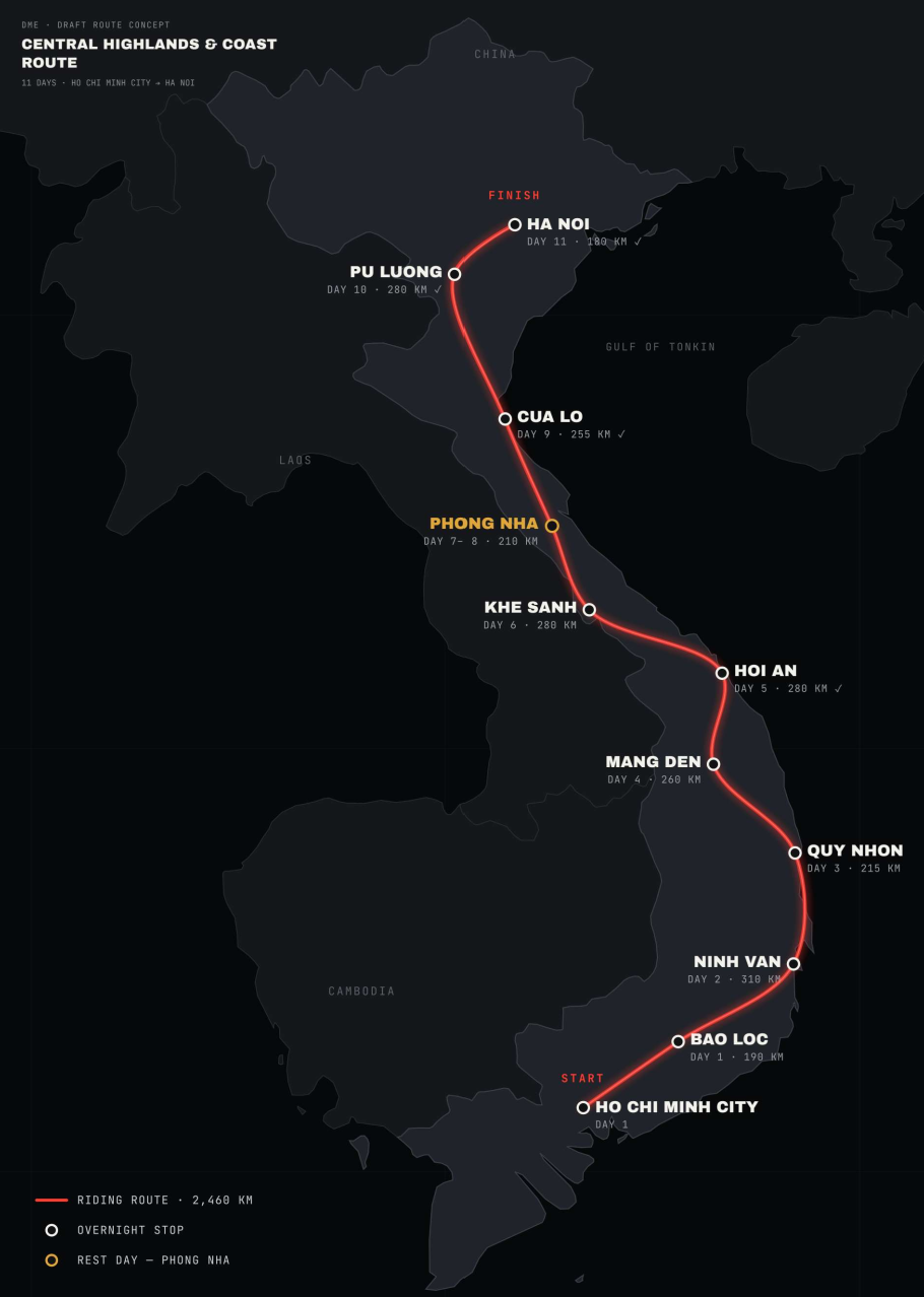 Truong Son War Trail route map, Ho Chi Minh City to Ha Noi, with overnight stops