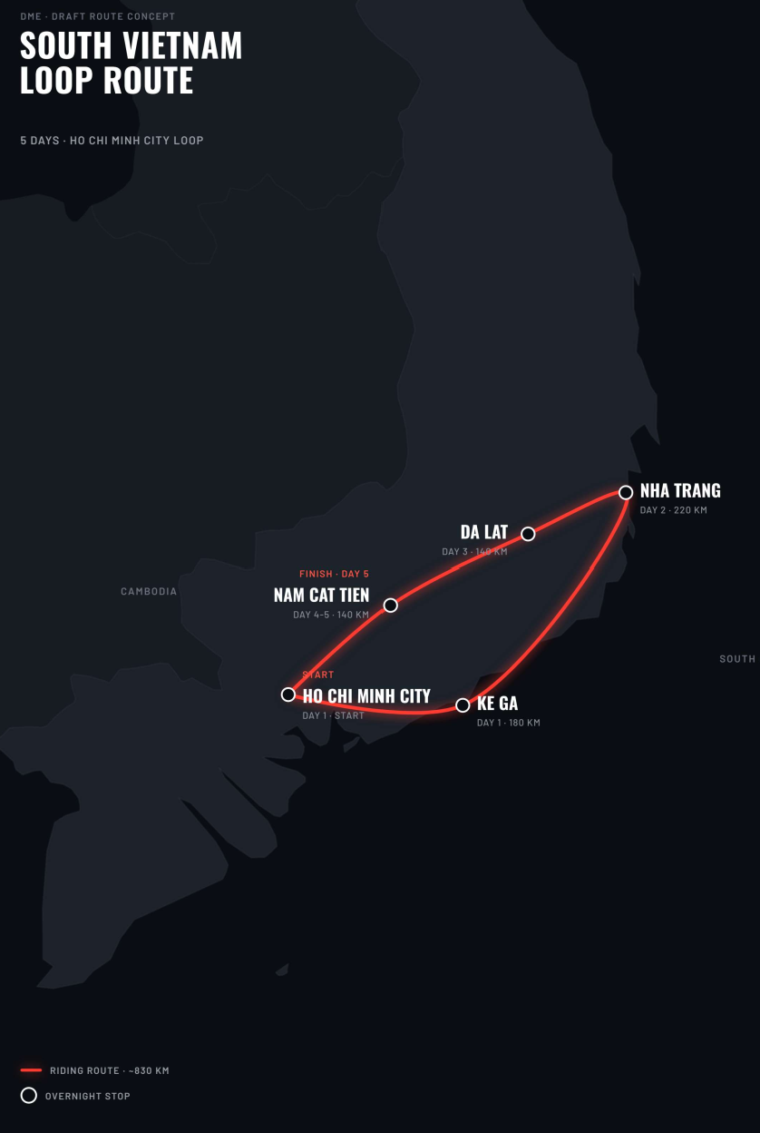 Saigon Loop route map, a loop from Ho Chi Minh City with overnight stops